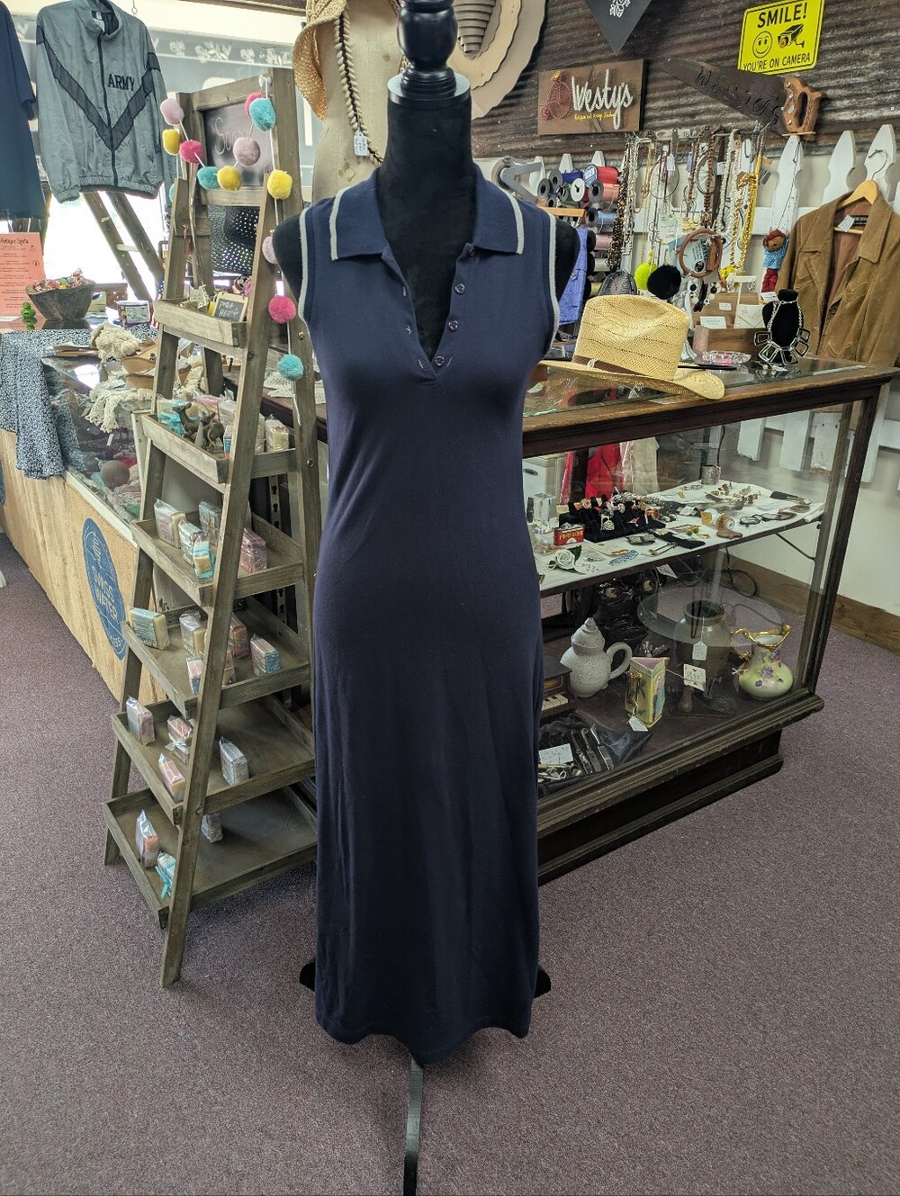 1990s Vintage Sleeveless Navy Polo Maxi Dress